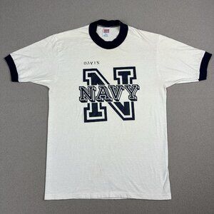Vintage Military T Shirt 80s USA Ringer Soffe US Navy White Stencil Davis